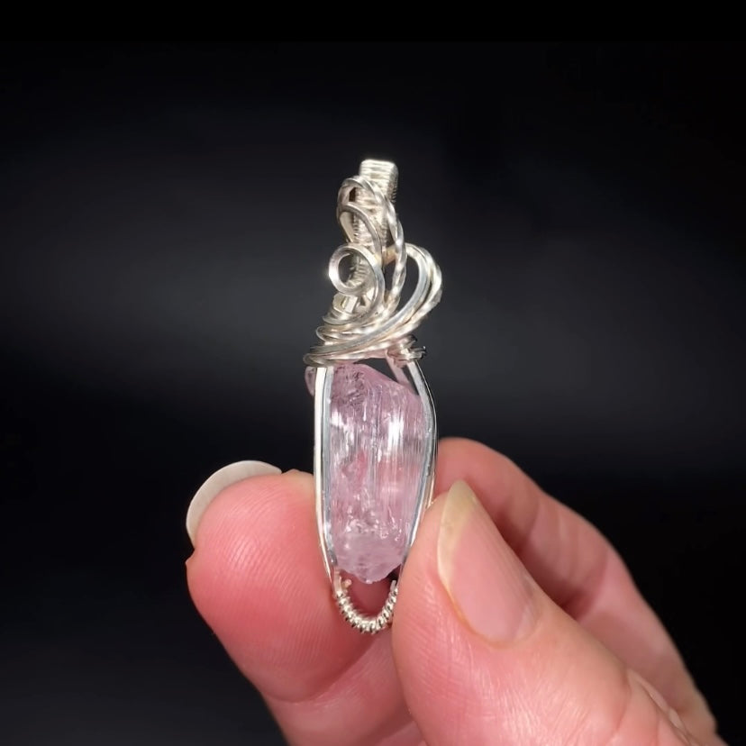 Fluorescent Spodumene Kunzite & Sterling Silver Wire Wrapped Pendant
