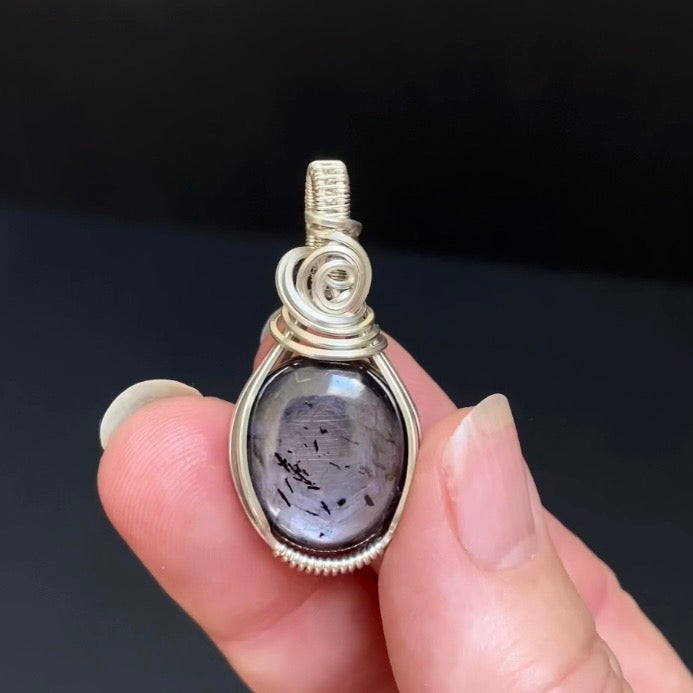 Tumbled Purple Sapphire Crystal & Sterling Silver Wire Wrapped Pendant