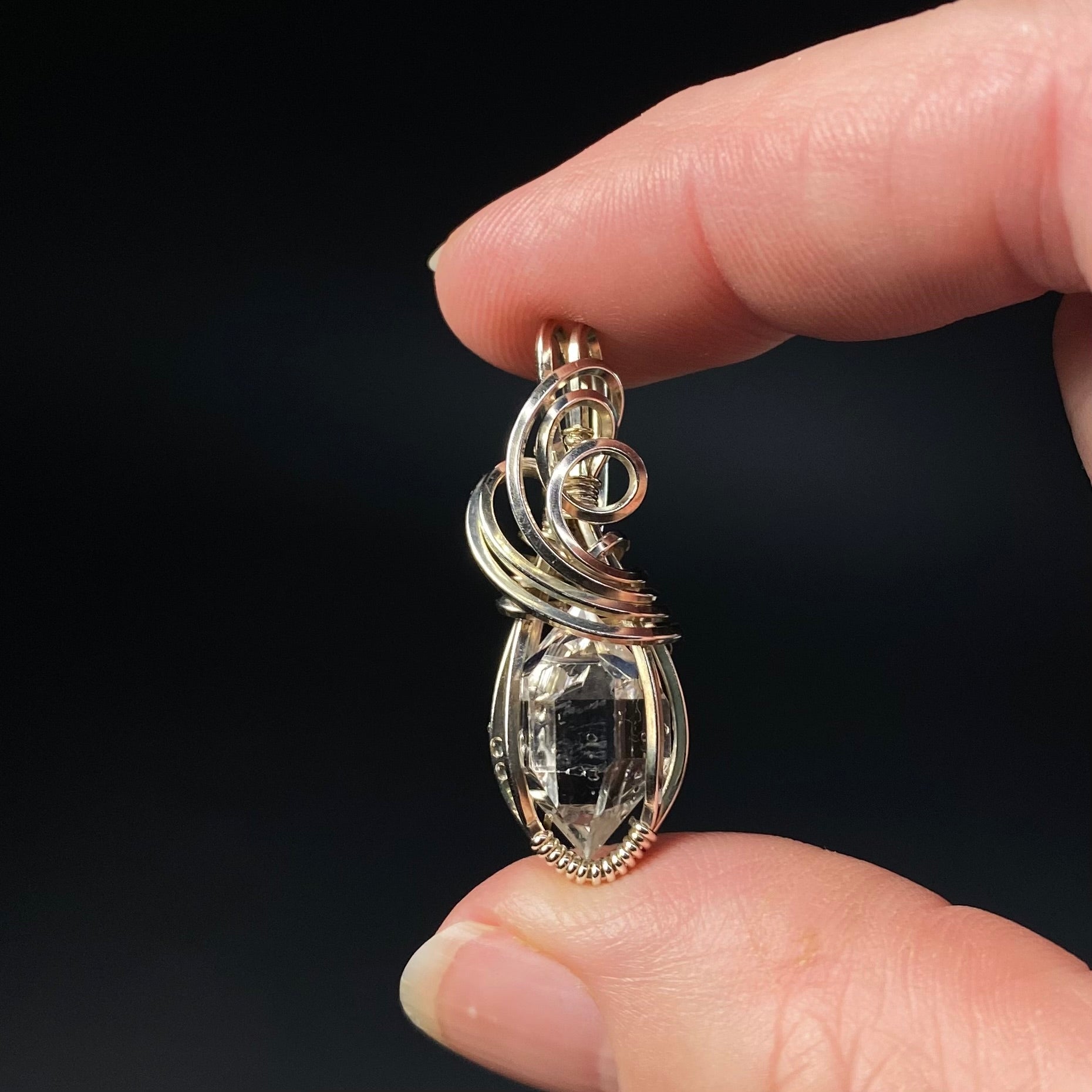 Herkimer Diamond Quartz Crystal with Imprint, and Sterling Silver Wire Wrapped Pendant
