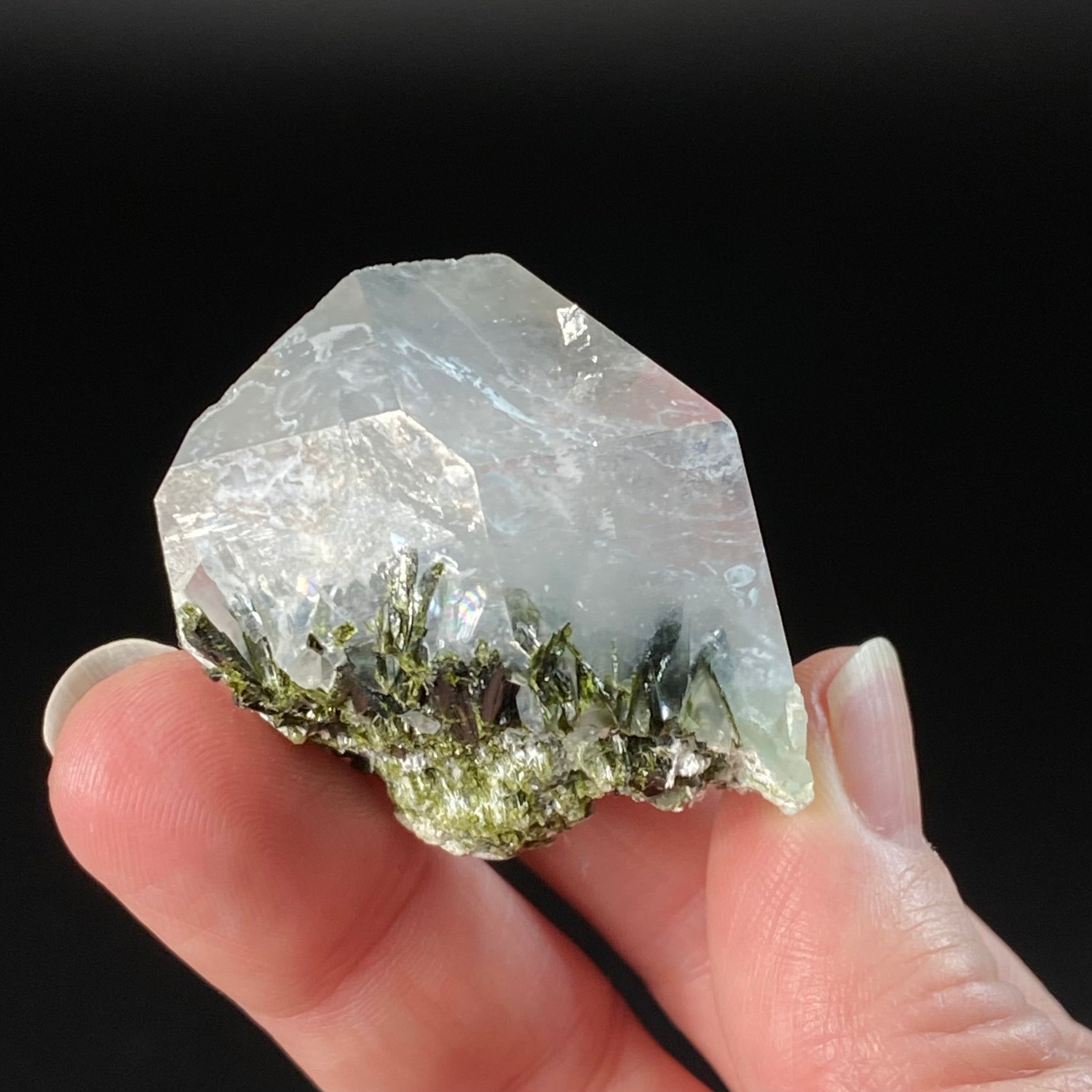 Clear Quartz Crystal with Dark Green Epidote Crystals