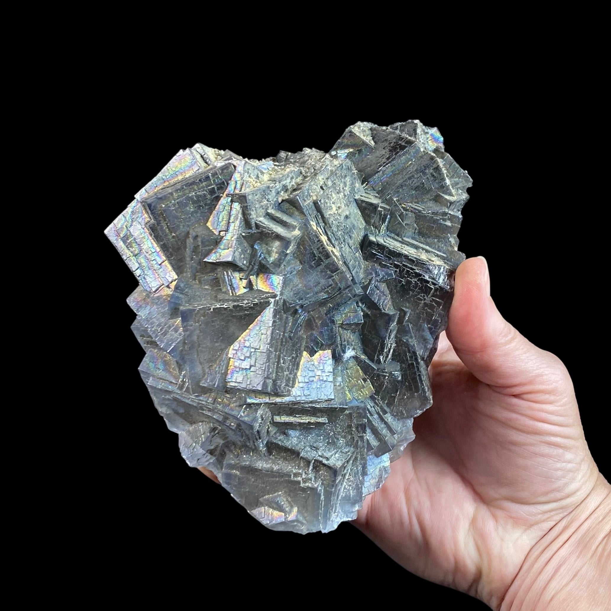 Blue and Purple Cubic Fluorite Cluster with Rainbow Iridescent Iron Oxide Surface