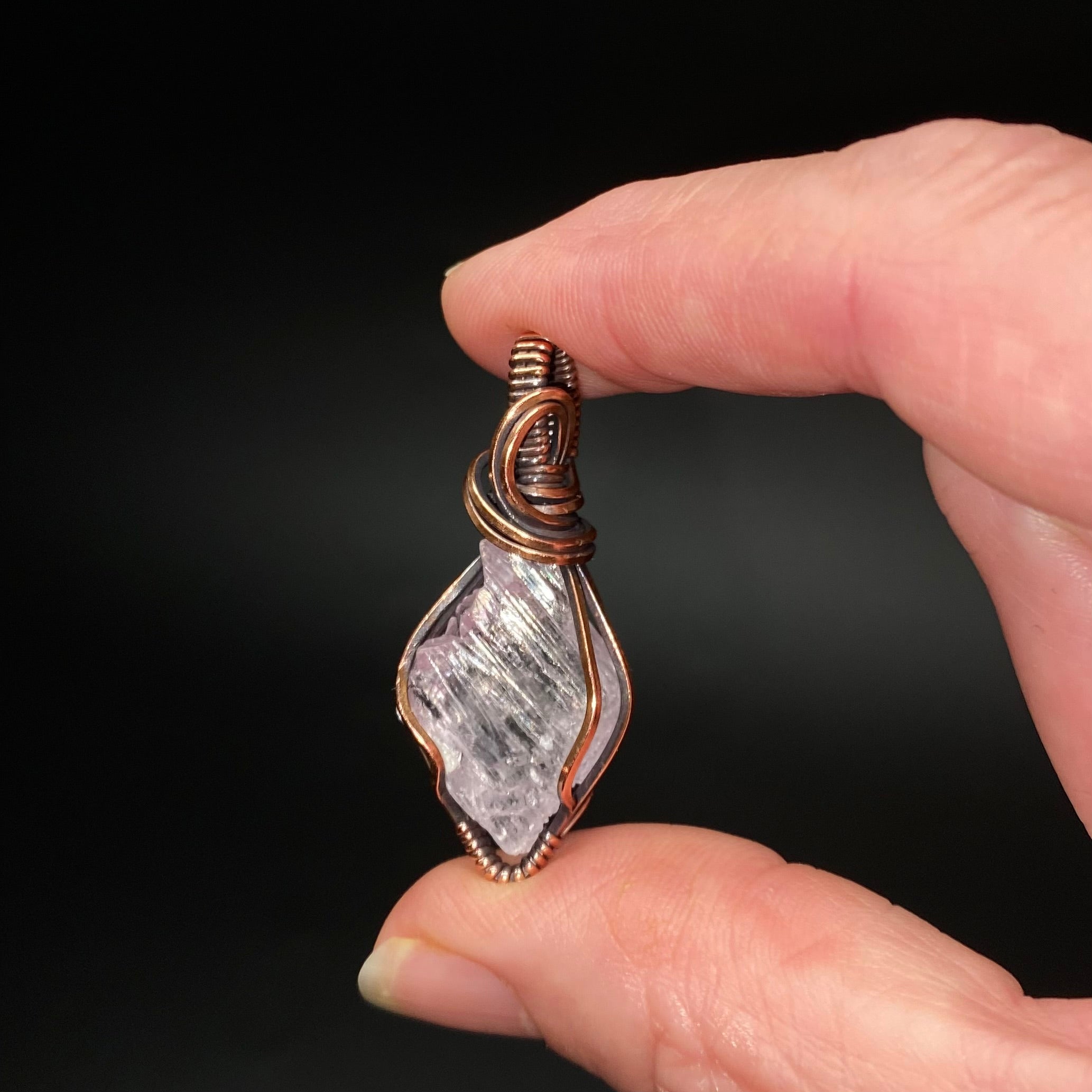 Fluorescent Spodumene Kunzite & Copper Wire Wrapped Pendant