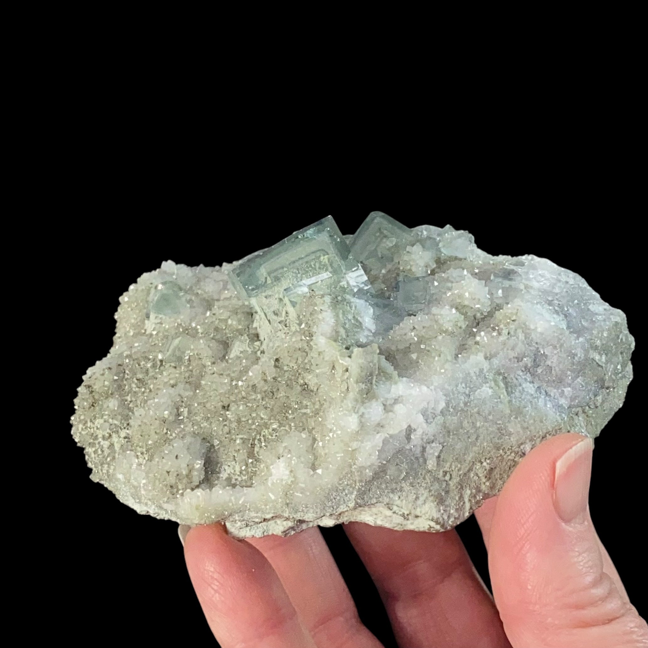 Clear Green Cubic Fluorite on Druzy Quartz, Xianghualing Mine, China