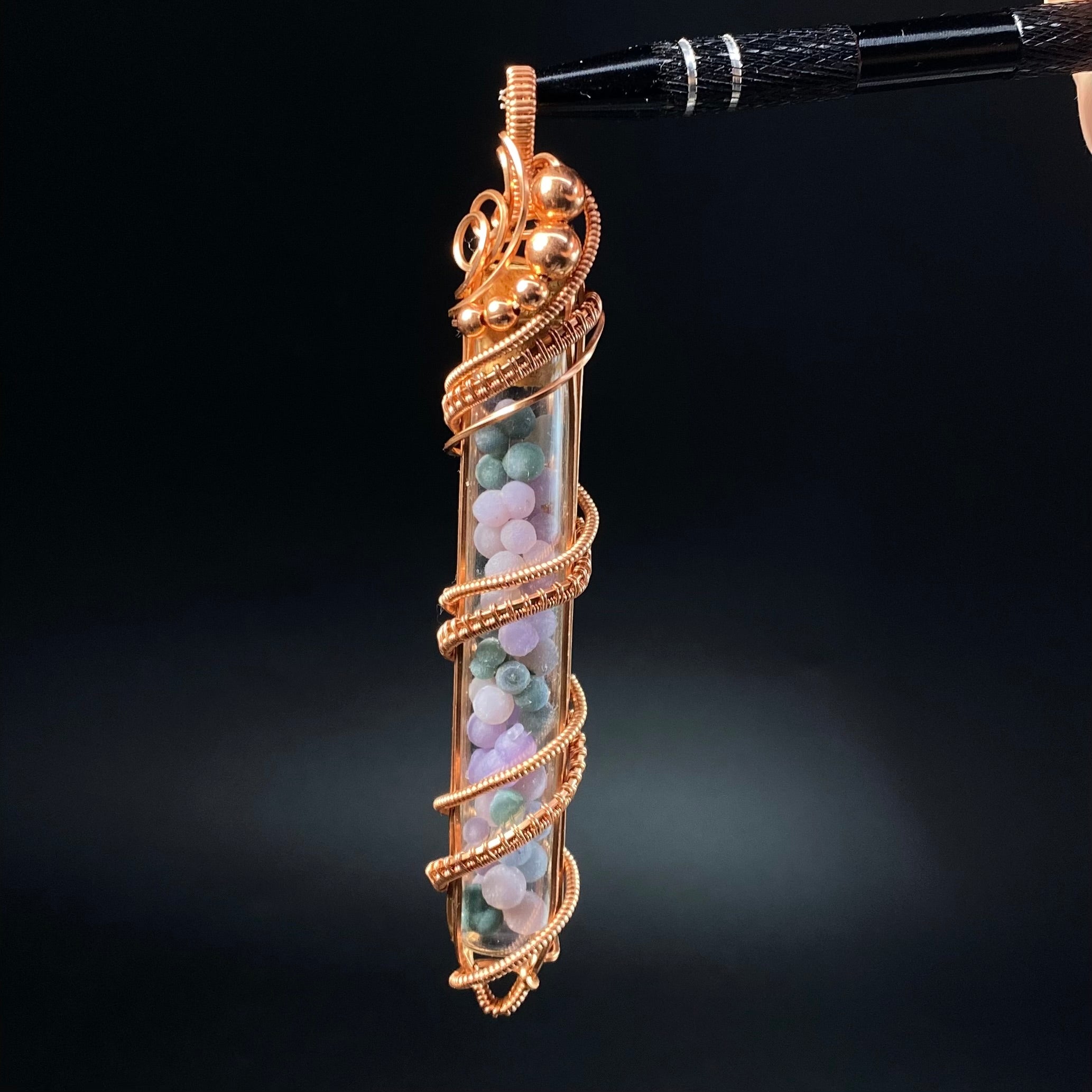 One of a Kind Botryoidal Amethyst aka Grape Agate Wire Wrapped Glass Vial Pendant