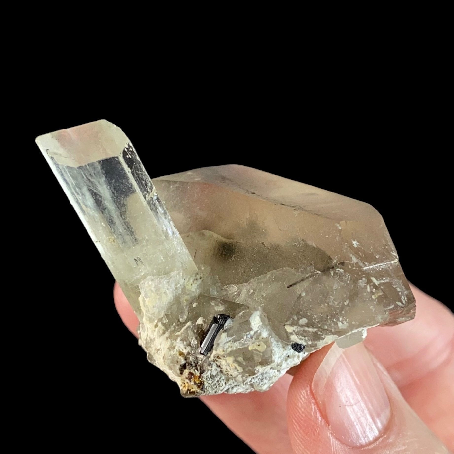 Yellow Triphane Spodumene Crystal & Smoky Quartz w Radiation Halo in Quartz