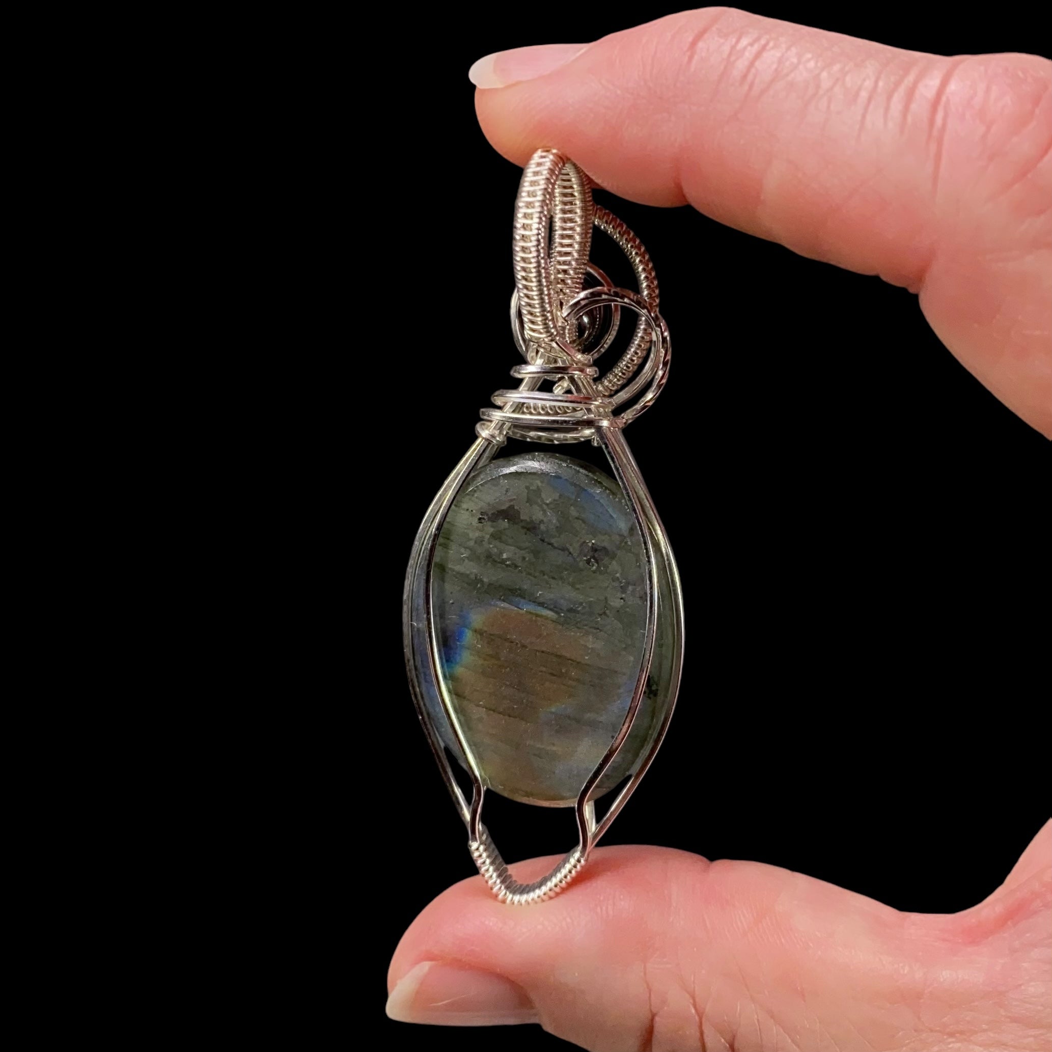 Flashy Labradorite & Sterling Silver Wire Wrapped Pendant with Hematite Accent