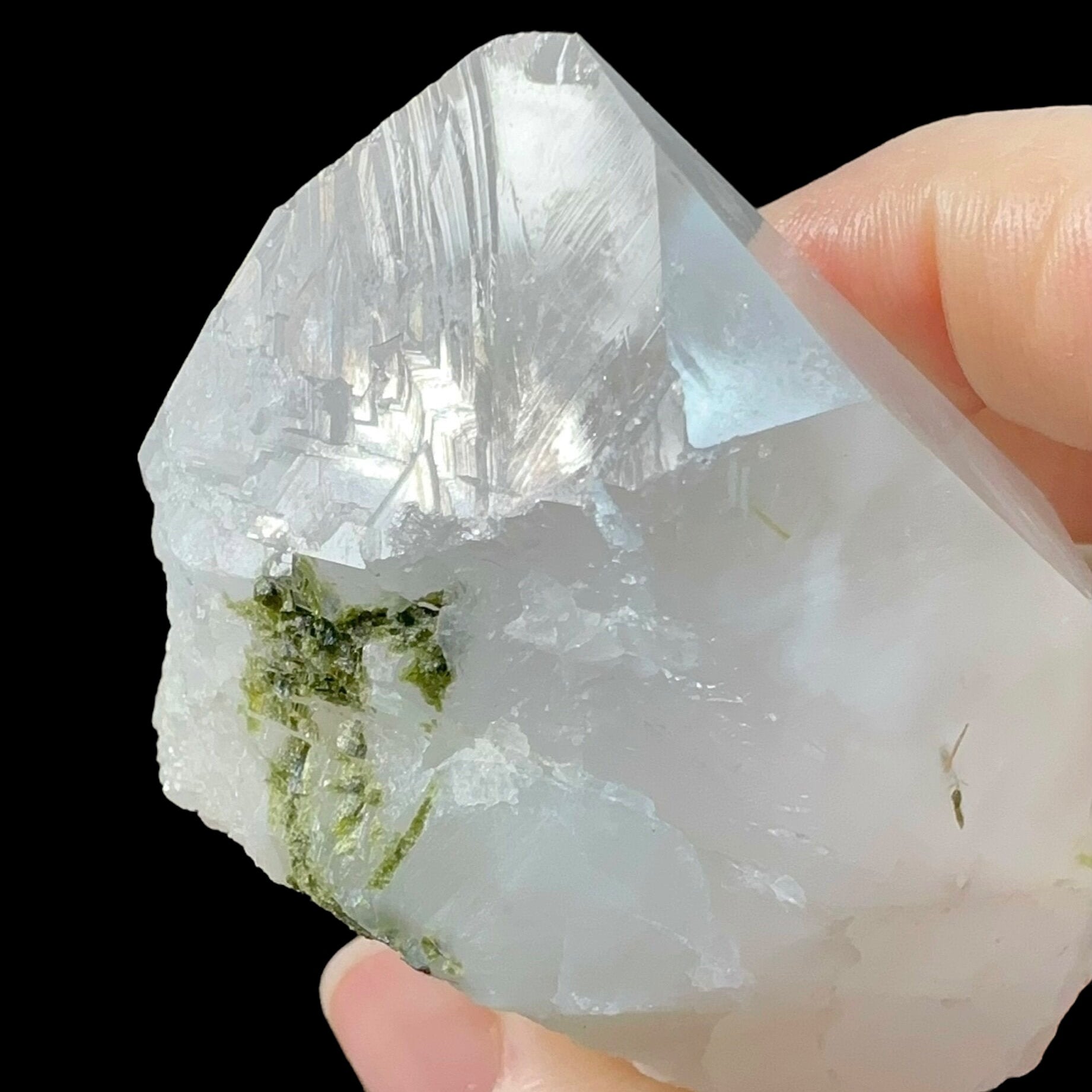 Quartz Crystal with Dark Green Epidote Crystals