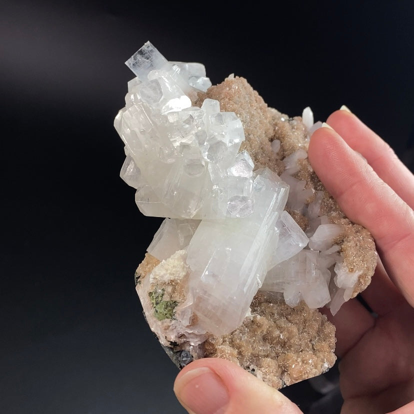 Clear Apophyllite Crystals with Peach Stilbite & Okenite on Basalt Matrix