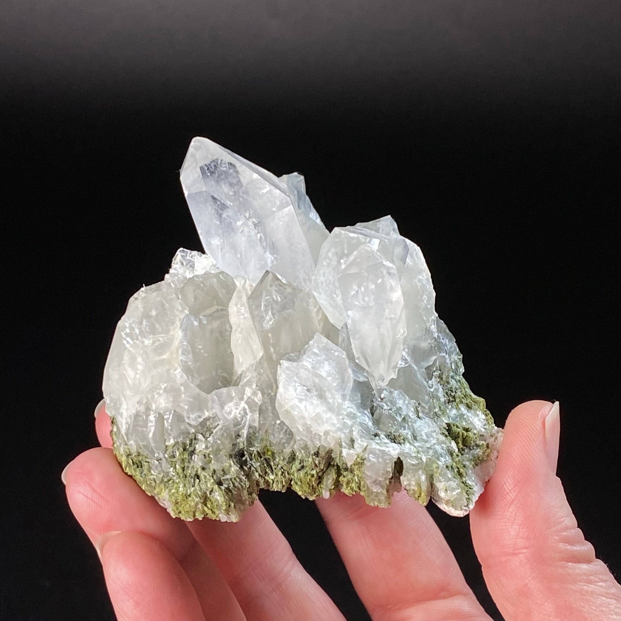 Quartz Crystal Cluster with Dark Green Epidote Crystals & Byssolite