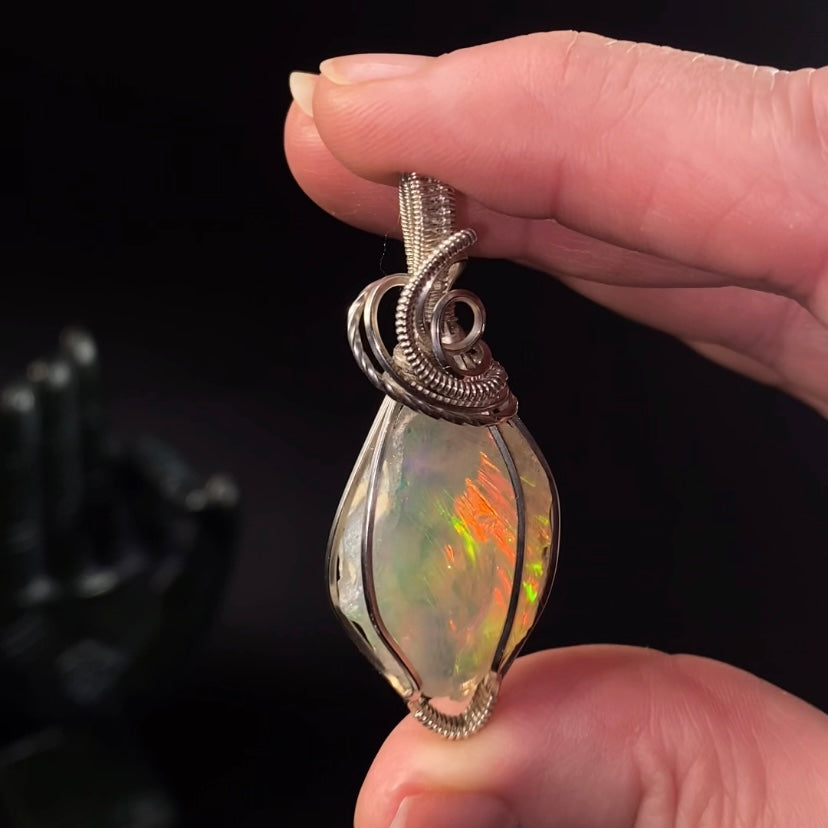 Ethiopian Welo Opal & Sterling Silver Wire Wrapped Pendant