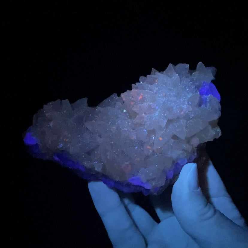 Dog Tooth Calcite on Blue Purple Fluorite Matrix, UV Reactive, Fluorescent