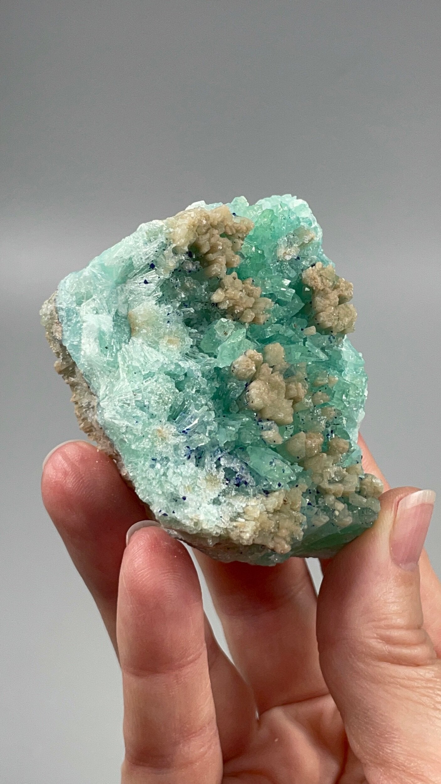 Green & Brown Aragonite Cluster with Minor Azurite - Green Areas Phosphorescent