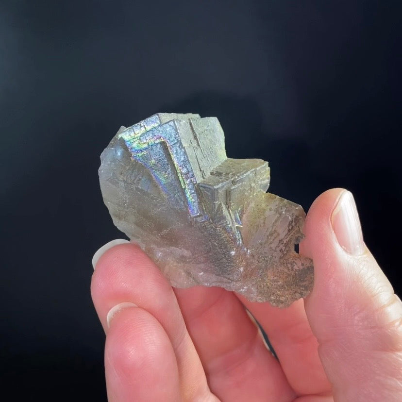Blue and Gray Cubic Fluorite Cluster with Rainbow Iridescent Iron Oxide Surface