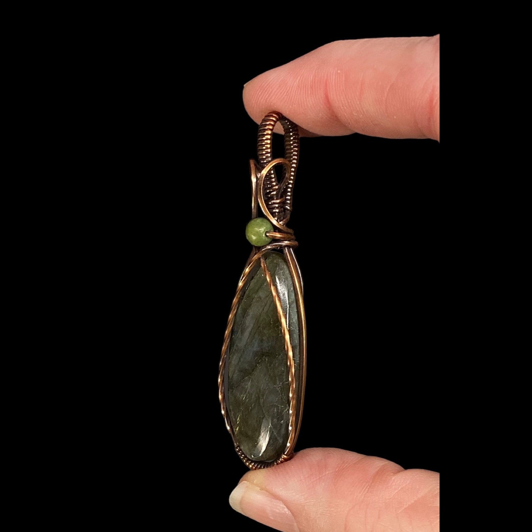 Labradorite & Copper Wire Wrapped Pendant with Nephrite Jade Accent Bead