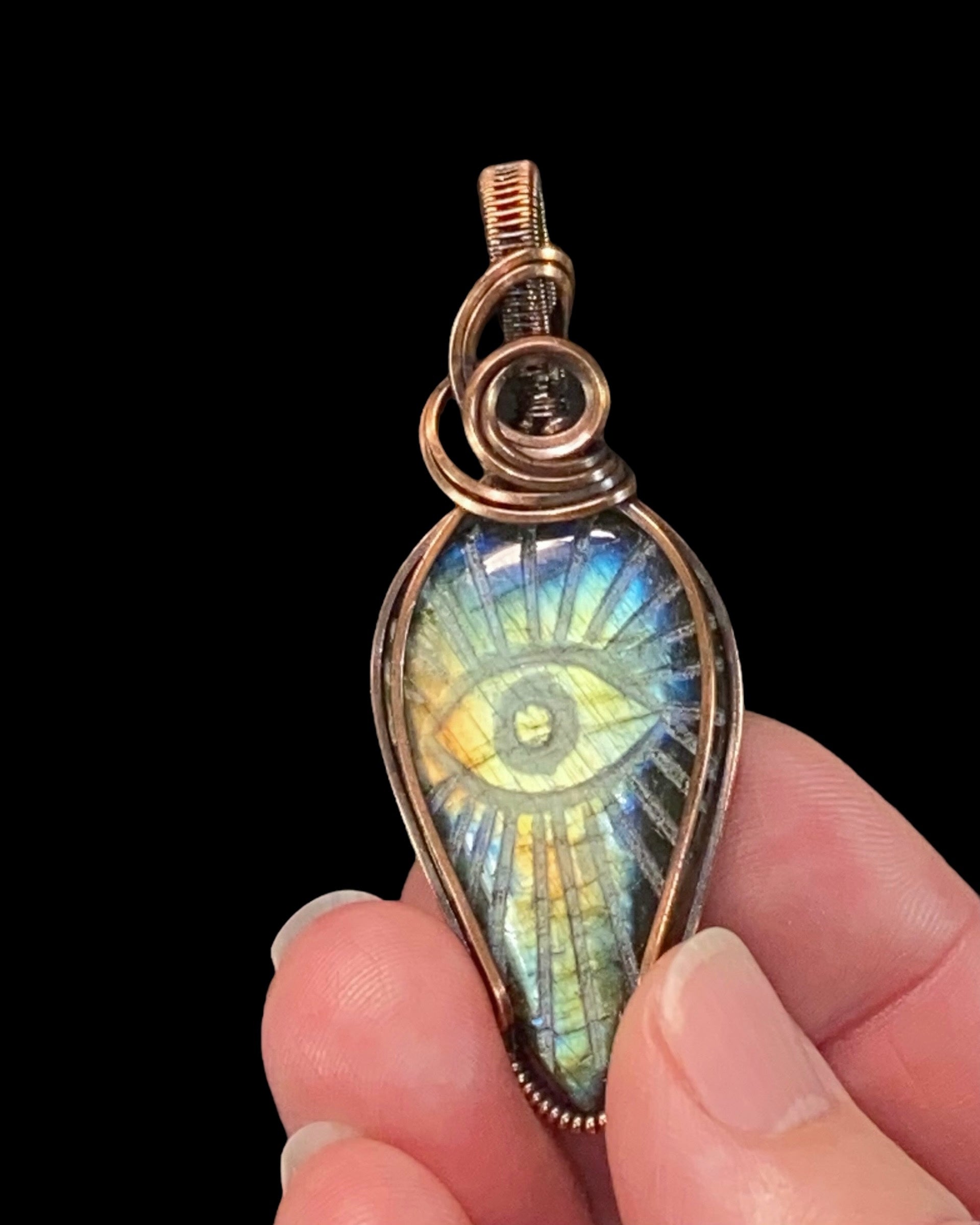 Evil Eye Carved Labradorite Cabochon and Copper Handmade Wire Wrapped Pendant