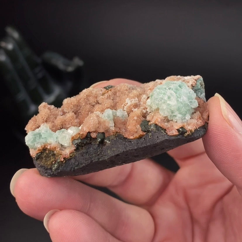 Green Apophyllite Crystals with Stilbite on Trimmed Basalt Matrix