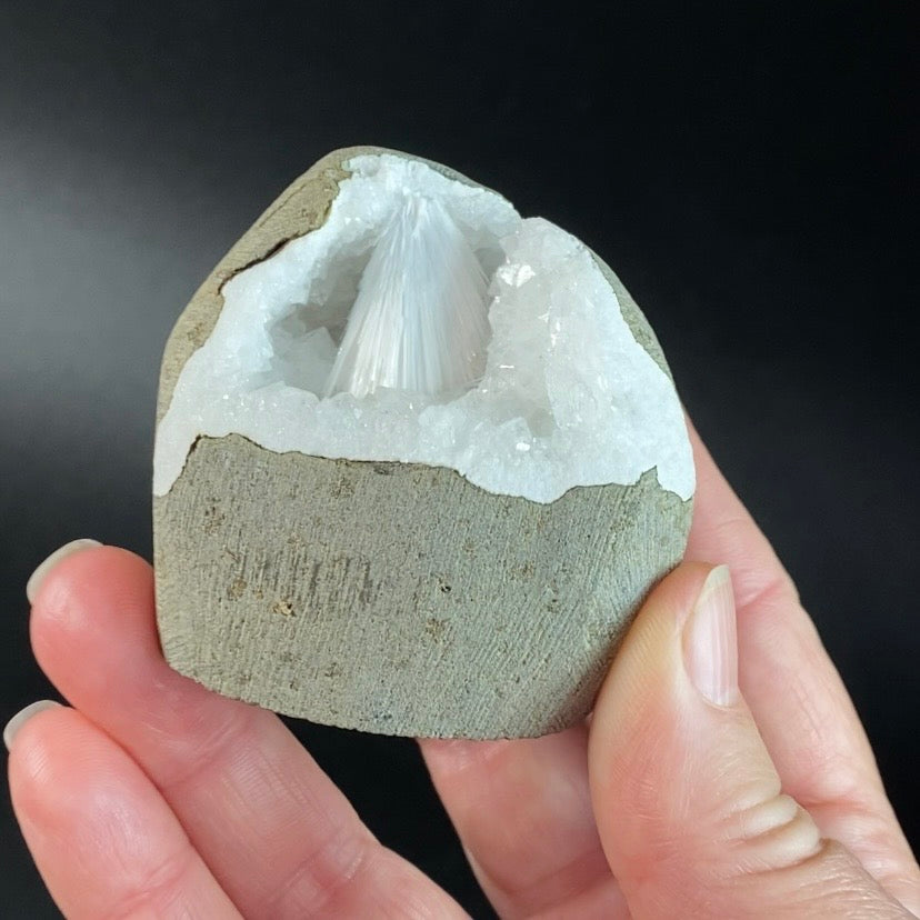 Scolecite with Apophyllite & Stilbite in Trimmed Basalt Geode Pocket