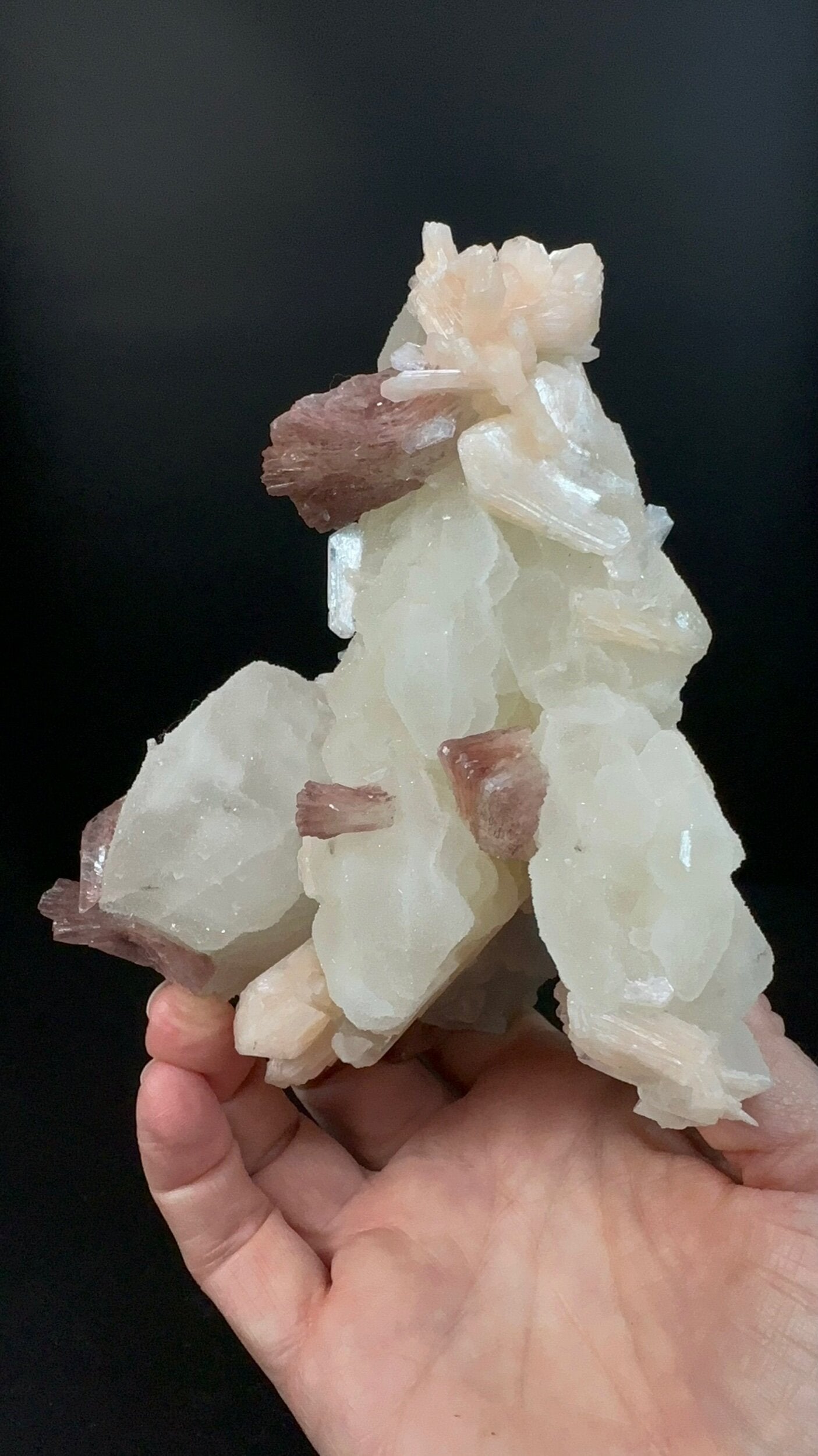 Calcite Rhombohedrons (coated with tiny clear stilbite crystals) with Red Heulandite & Peach Stilbite