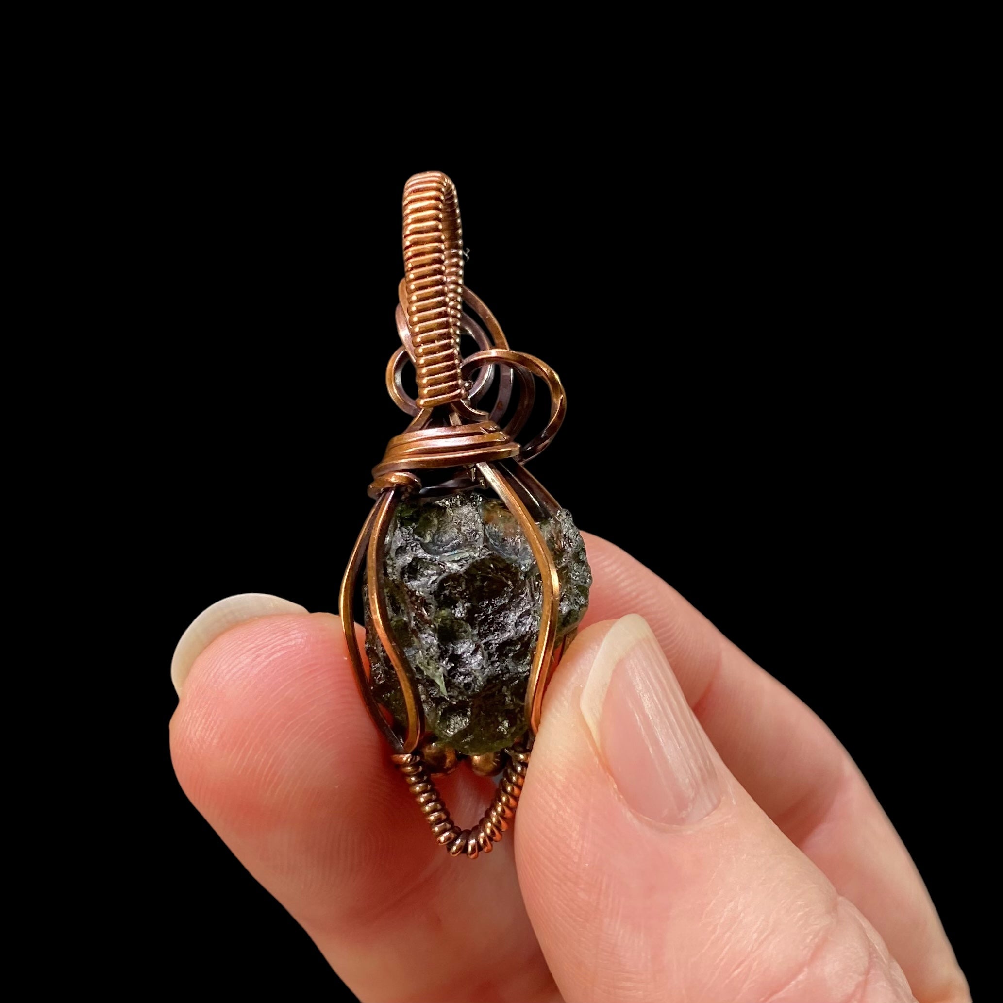 Genuine Moldavite and Copper Wire Wrapped Pendant