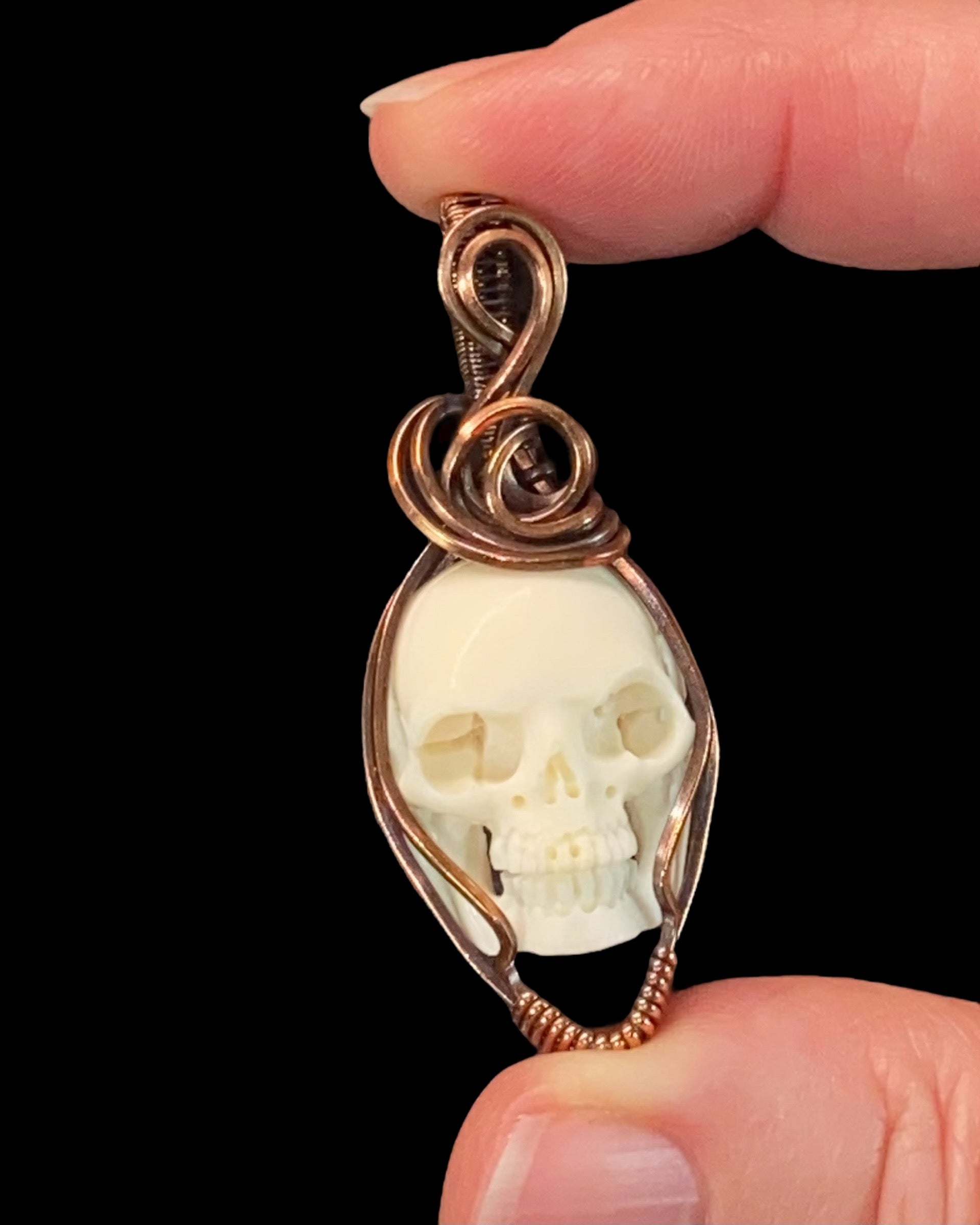 Carved Bone Skull and Copper Handmade Wire Wrapped Pendant