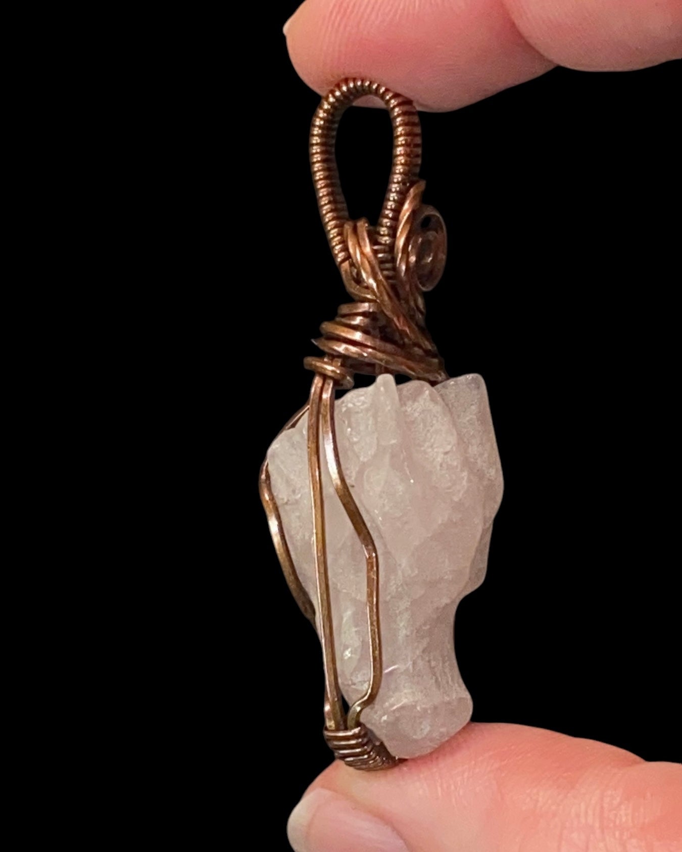 Rose Quartz Dragon and Copper Wire Wrapped Pendant