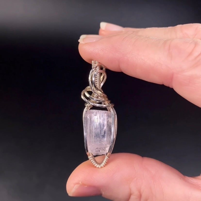 Pink Spodumene Kunzite & Sterling Silver Wire Wrapped Pendant - Fluorescent