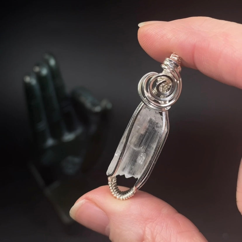 Clear Spodumene Kunzite Crystal & Sterling Silver Wire Wrapped Pendant
