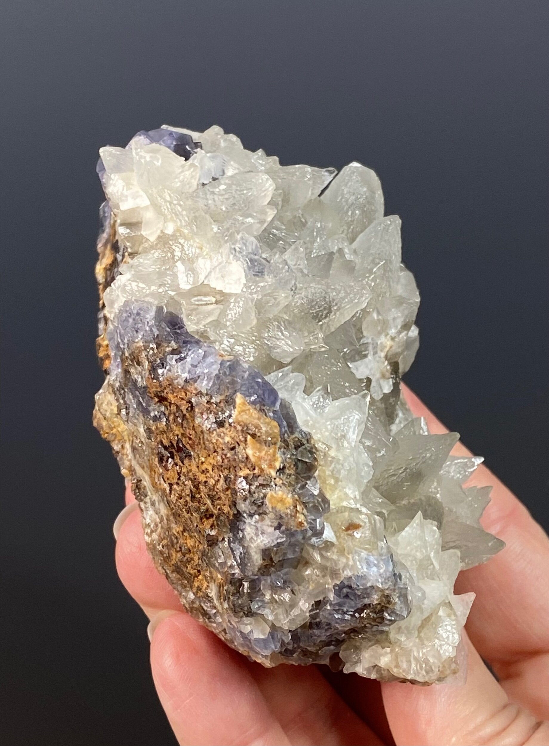 Dog Tooth Calcite Cluster on Blue / Purple Fluorite Matrix - UV Reactive - Fluorescent 365 nm Long Wave