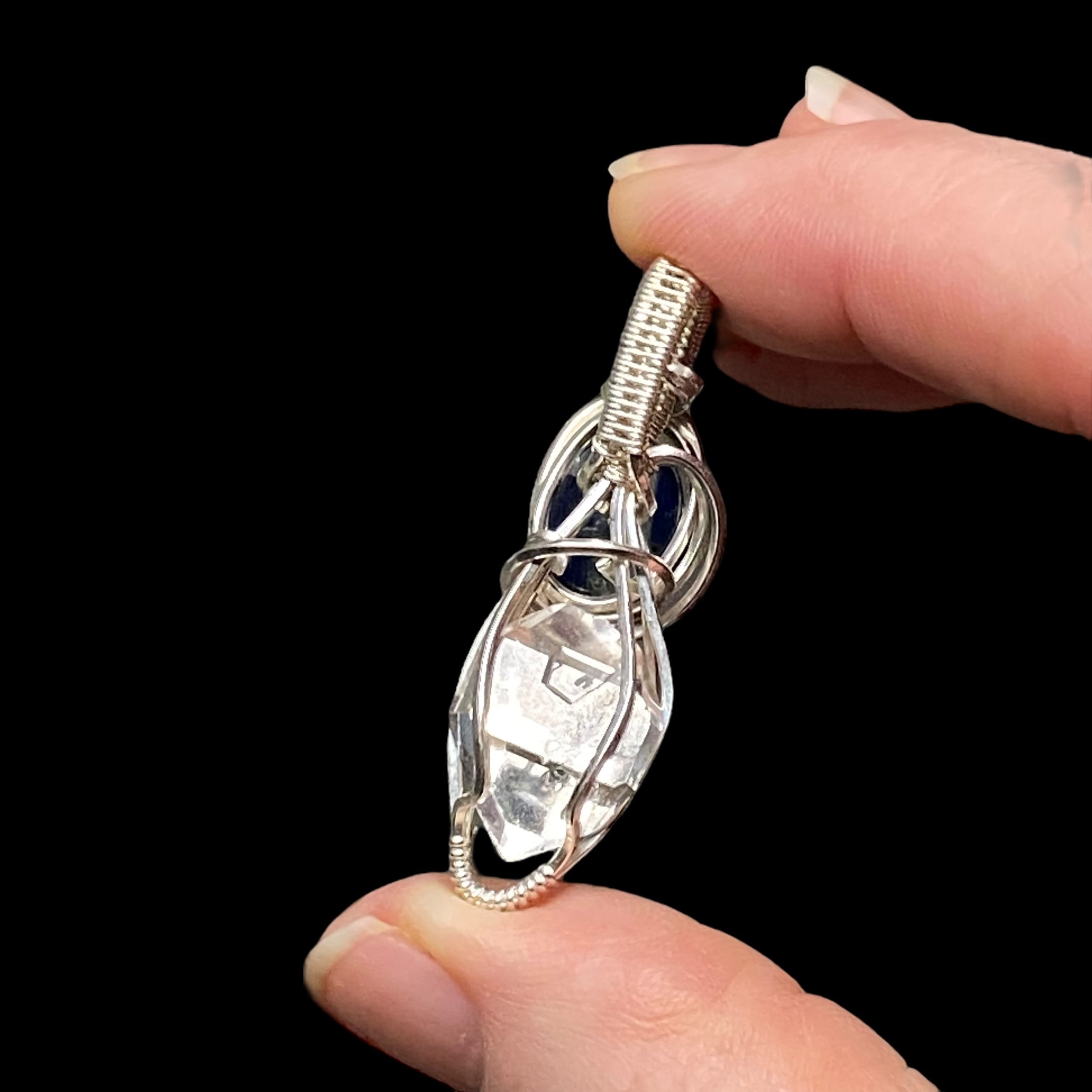 Herkimer Diamond Quartz, Blue Kyanite & Sterling Silver Handmade Wire Wrapped Pendant