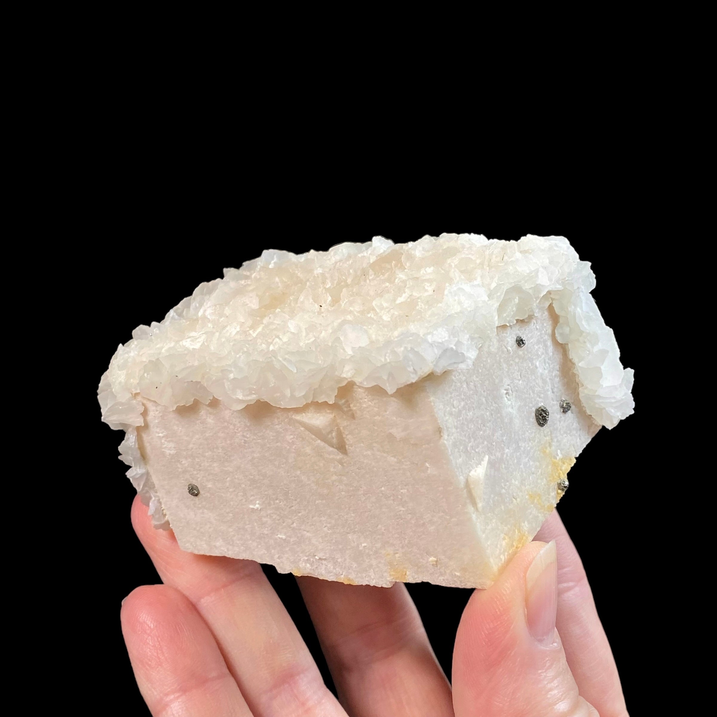 Fluorescent Mangano Calcite Covered in Clear Light Pink Calcite Crystals from Kosovo