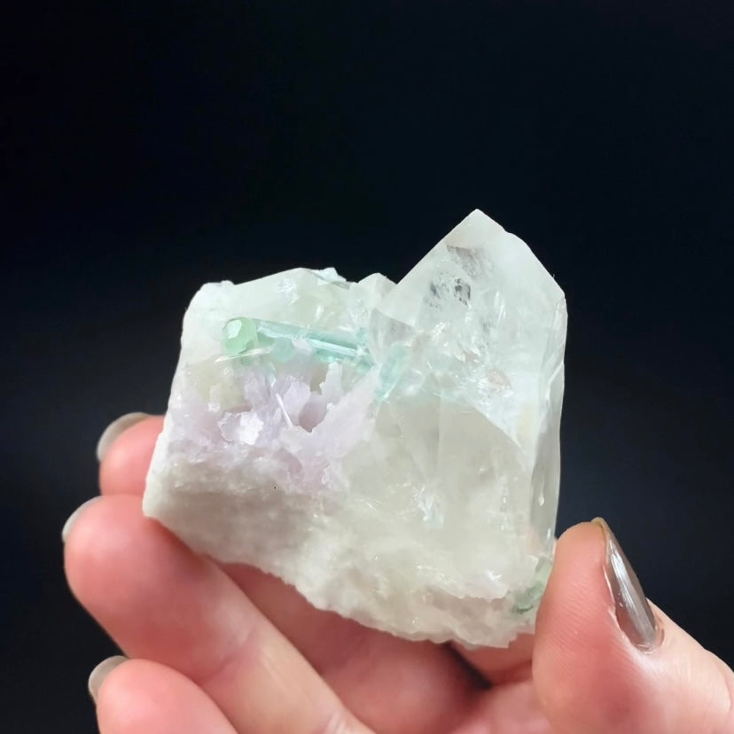 Green Tourmaline Crystals with Lepidolite on a Clear Quartz Cluster