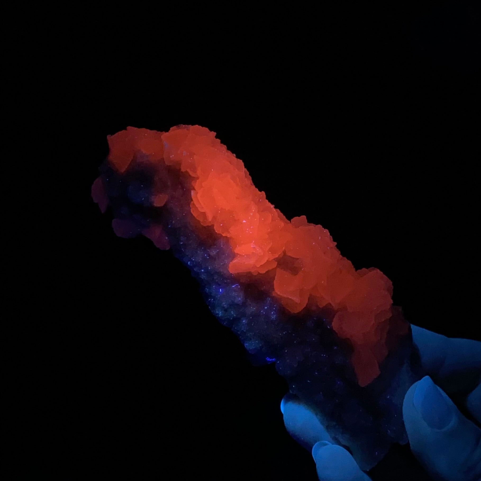 Rhodochrosite Cluster with Fluorescent Calcite from Trepça Mines, Kosovo