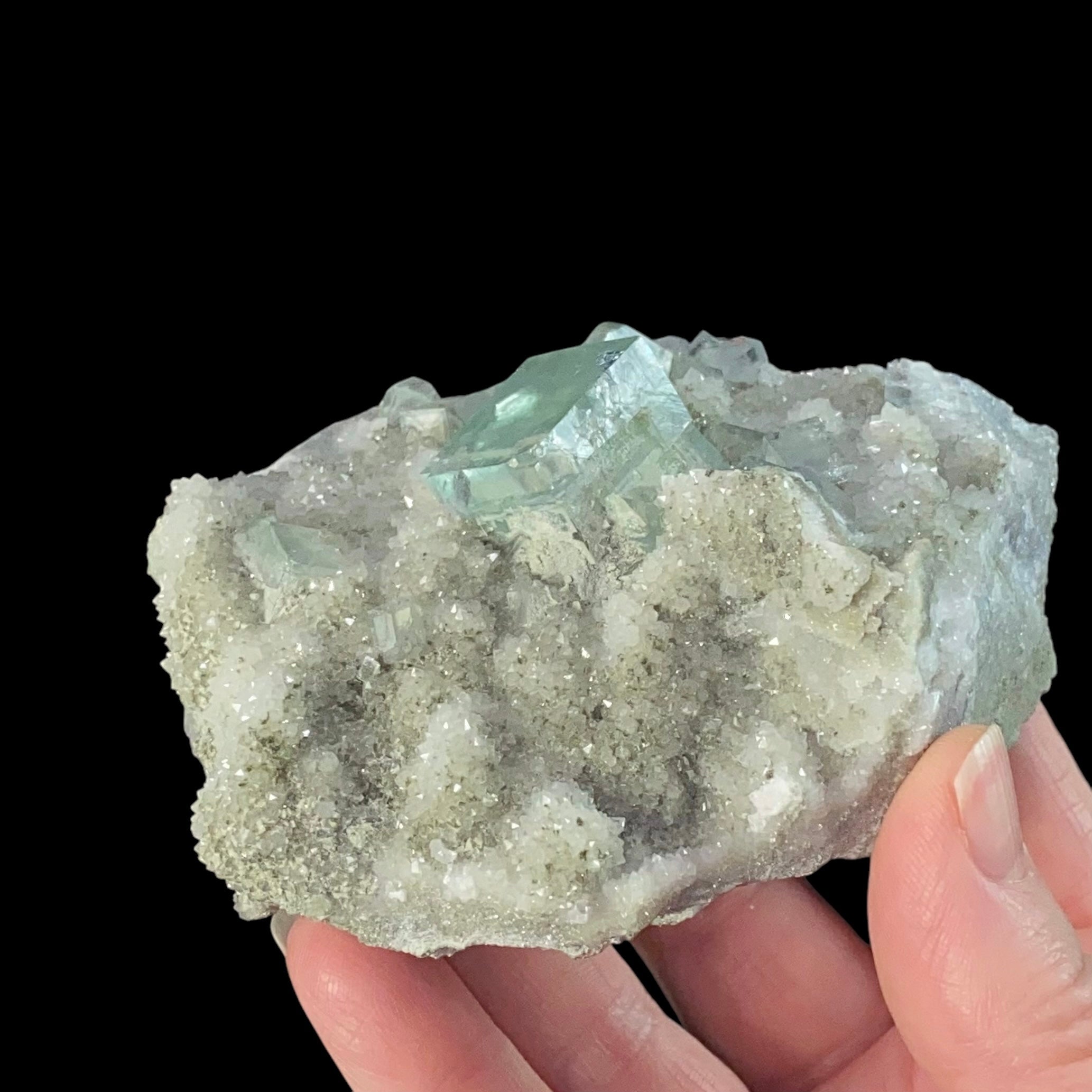 Clear Green Cubic Fluorite on Druzy Quartz, Xianghualing Mine, China