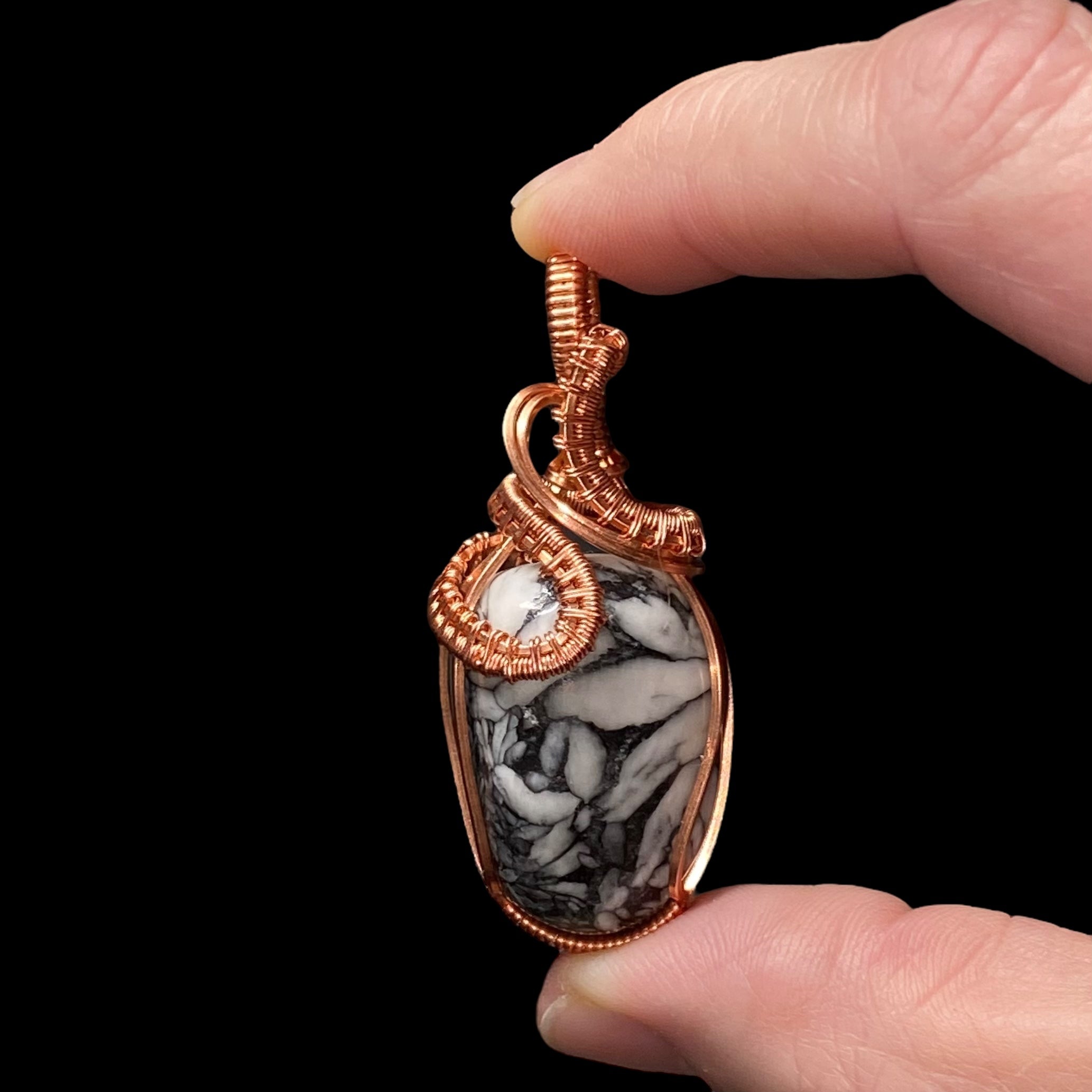 Pinolith Polished Tumble Stone & Raw Copper Wire Wrapped Pendant