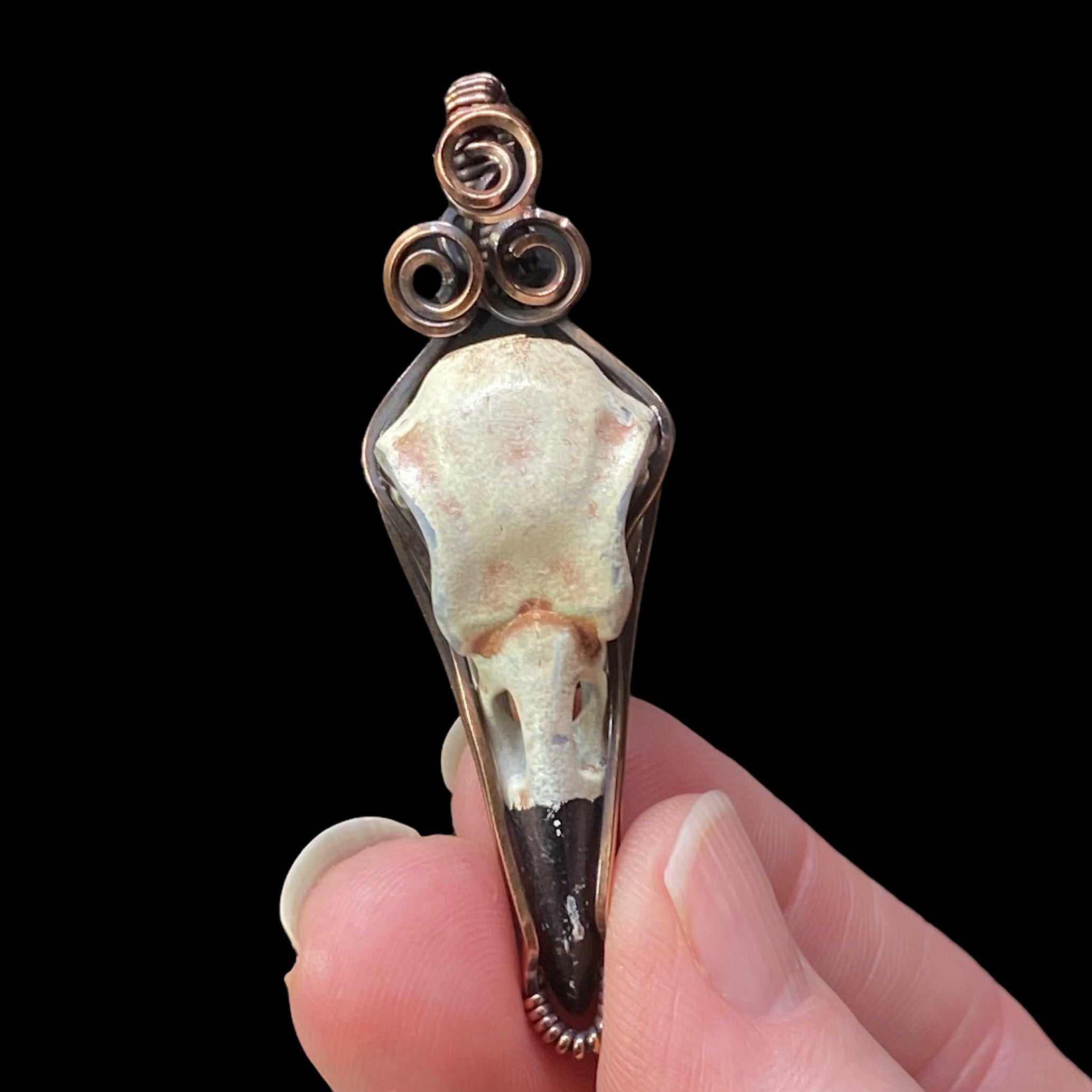 Resin Raven Skull & Triskelion Spiral Copper Wire Wrapped Pendant