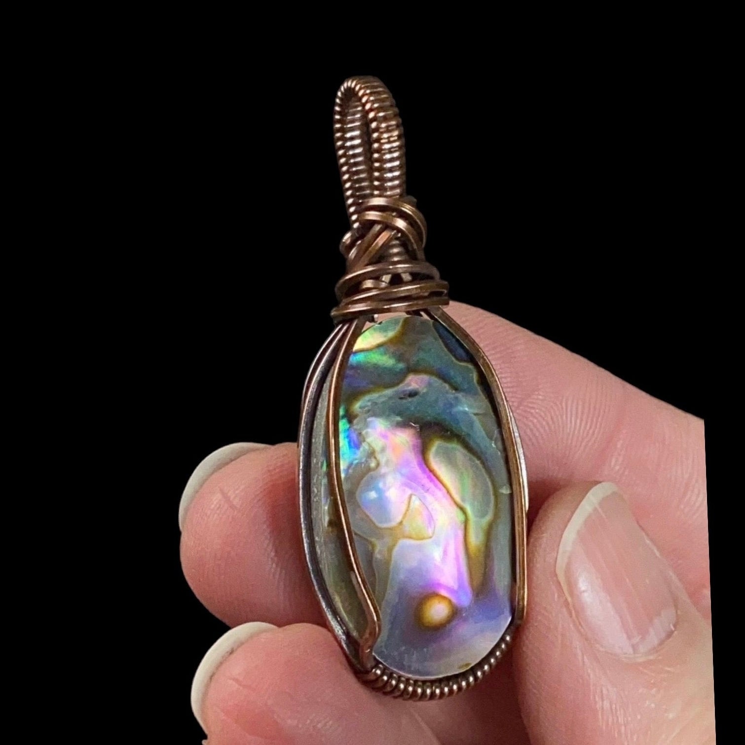 Abalone Shell Cabochon and Copper Wire Wrapped Pendant