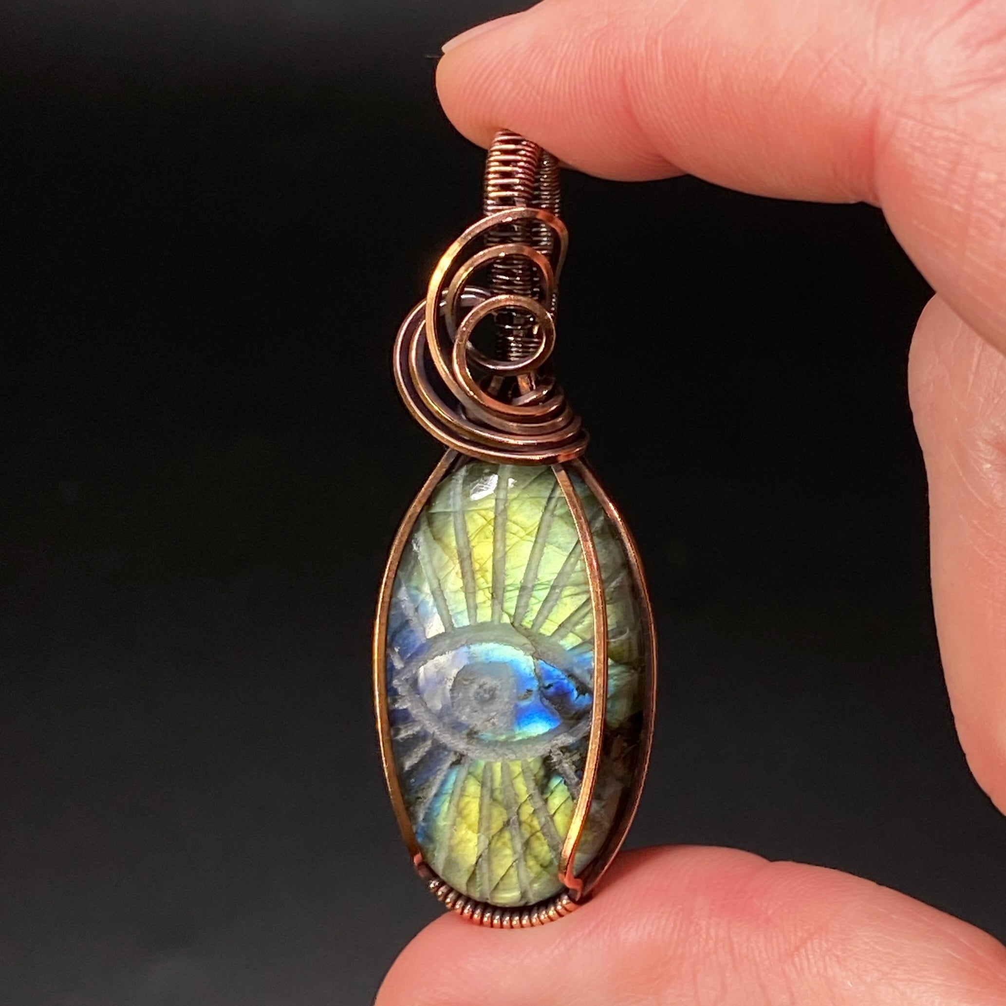 Evil Eye Carved Labradorite Cabochon and Copper Handmade Wire Wrapped Pendant