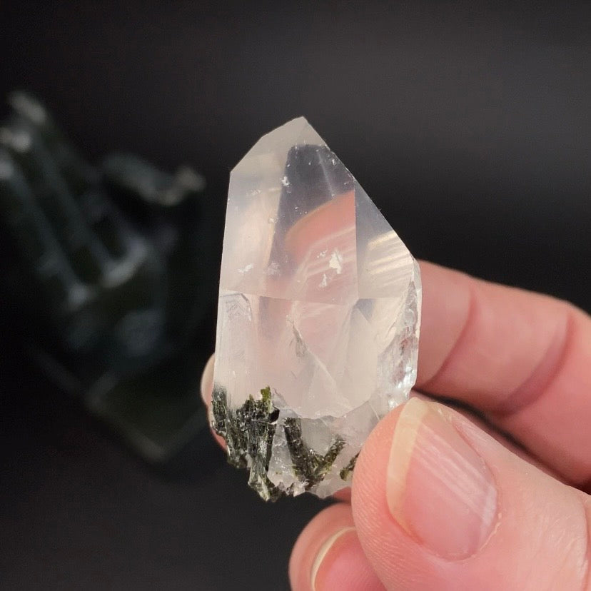 Channeling Quartz Crystal with Epidote Crystals & White Byssolite Whisps - Natural Crystals