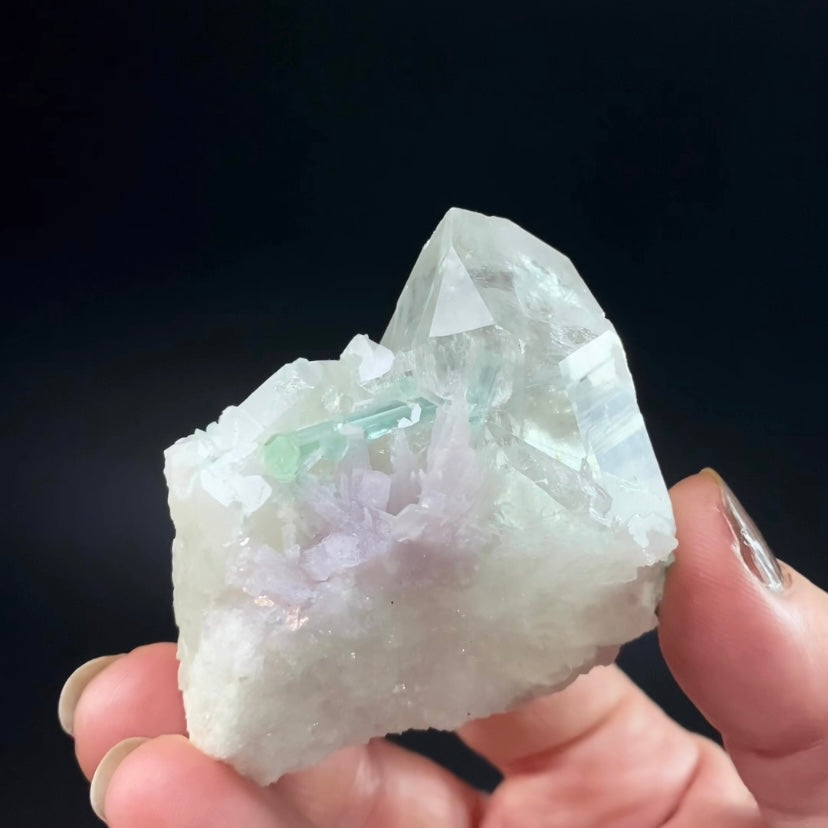 Green Tourmaline Crystals with Lepidolite on a Clear Quartz Cluster