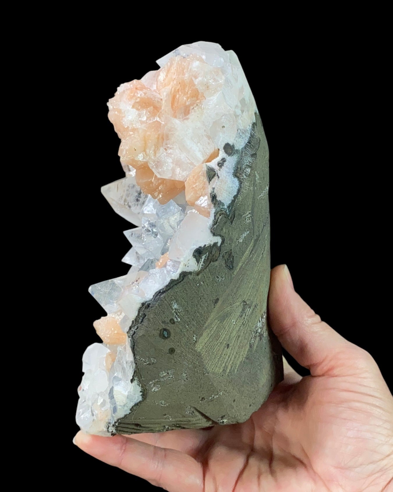 Clear Apophyllite Crystal Cluster with Stilbite in Trimmed Basalt Pocket from Maharashtra, India