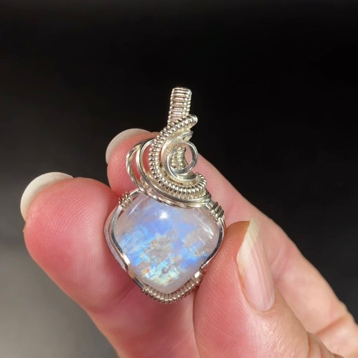 Blue Rainbow Flash Moonstone & Sterling Silver Wire Wrapped Pendant