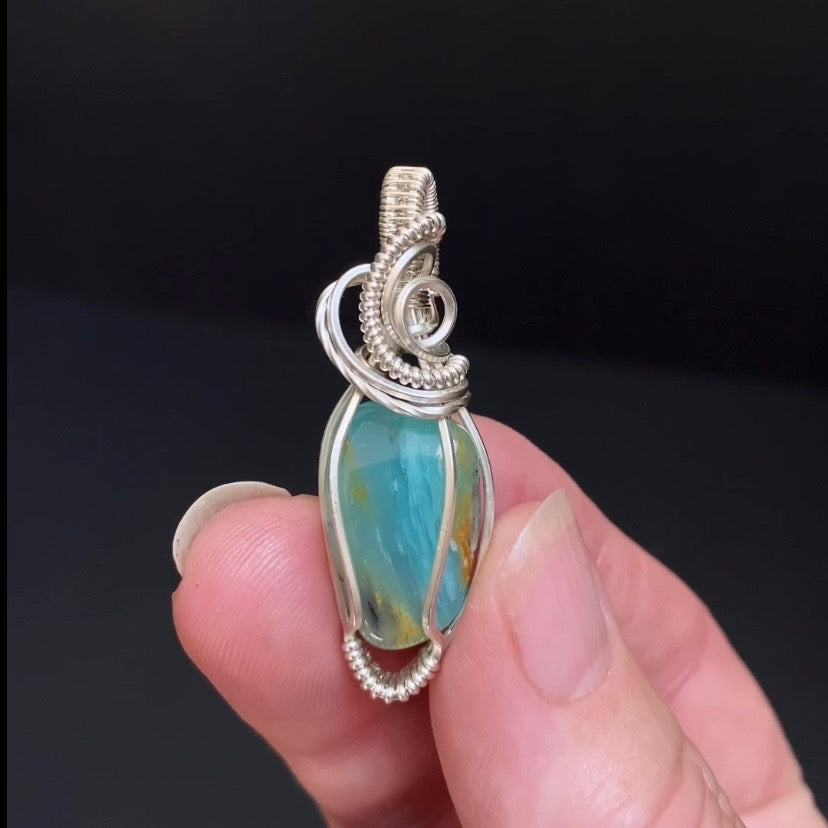 Peruvian Blue Andean Opal & Sterling Silver Wire Wrapped Pendant