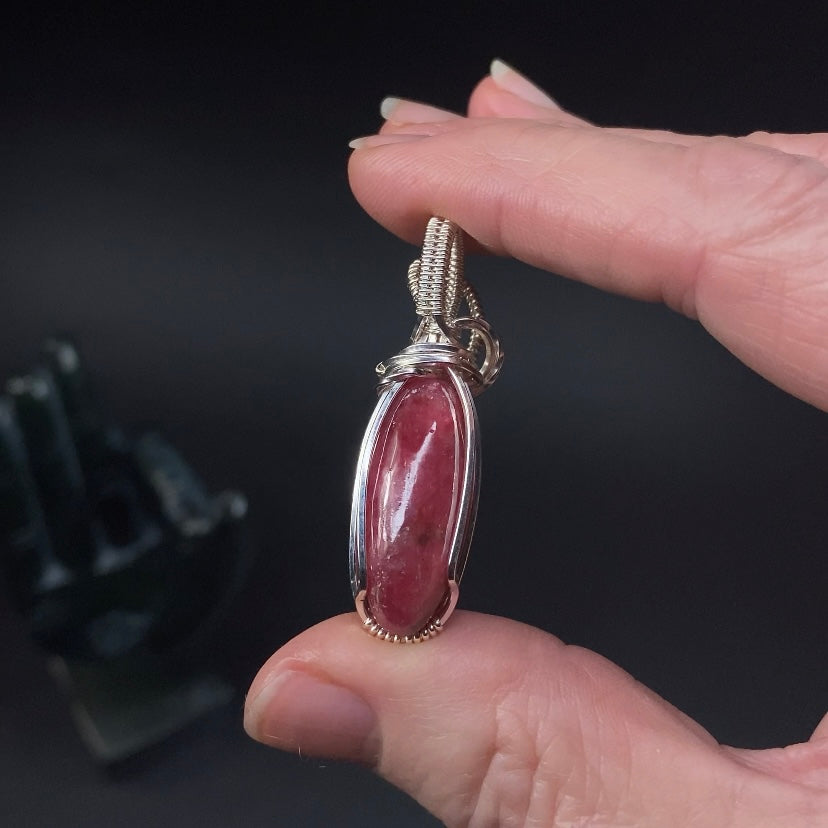 High Grade Polished Rhodonite & Sterling Silver Wire Wrapped Pendant