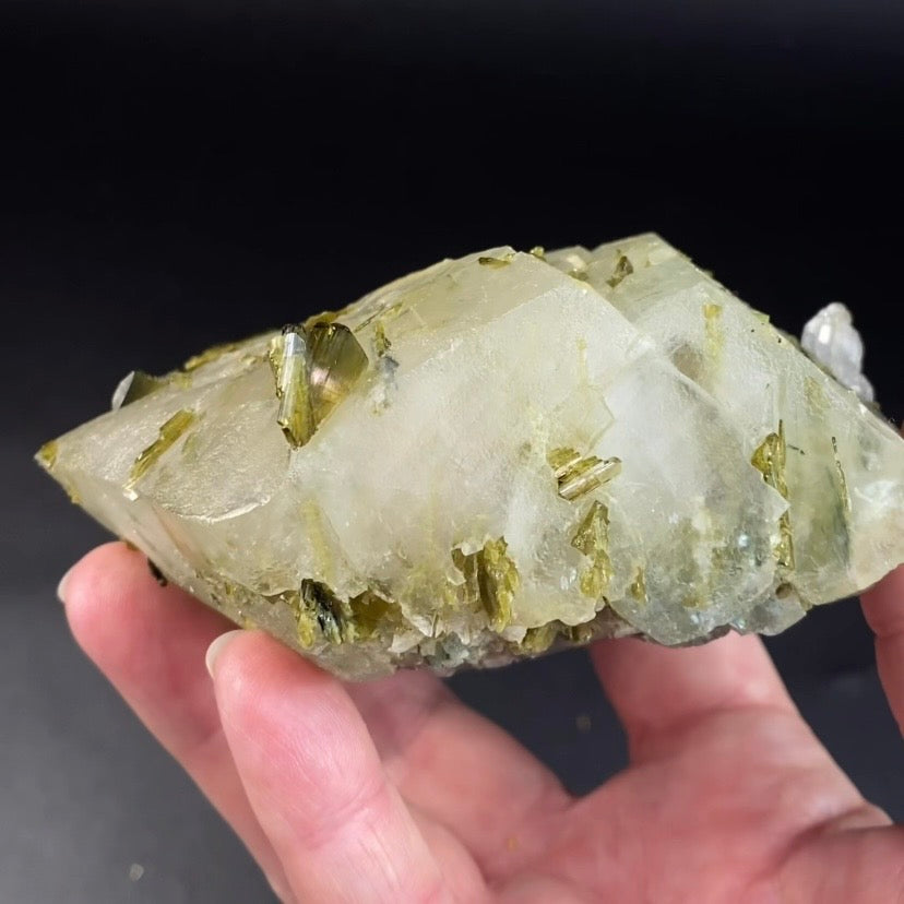 Double Terminated Scalenohedral Dog Tooth Calcite Crystal with Epidote