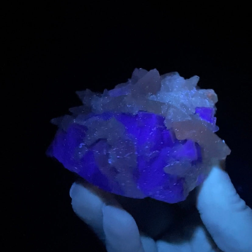 Dog Tooth Calcite on Blue Purple Fluorite Matrix, UV Reactive, Fluorescent