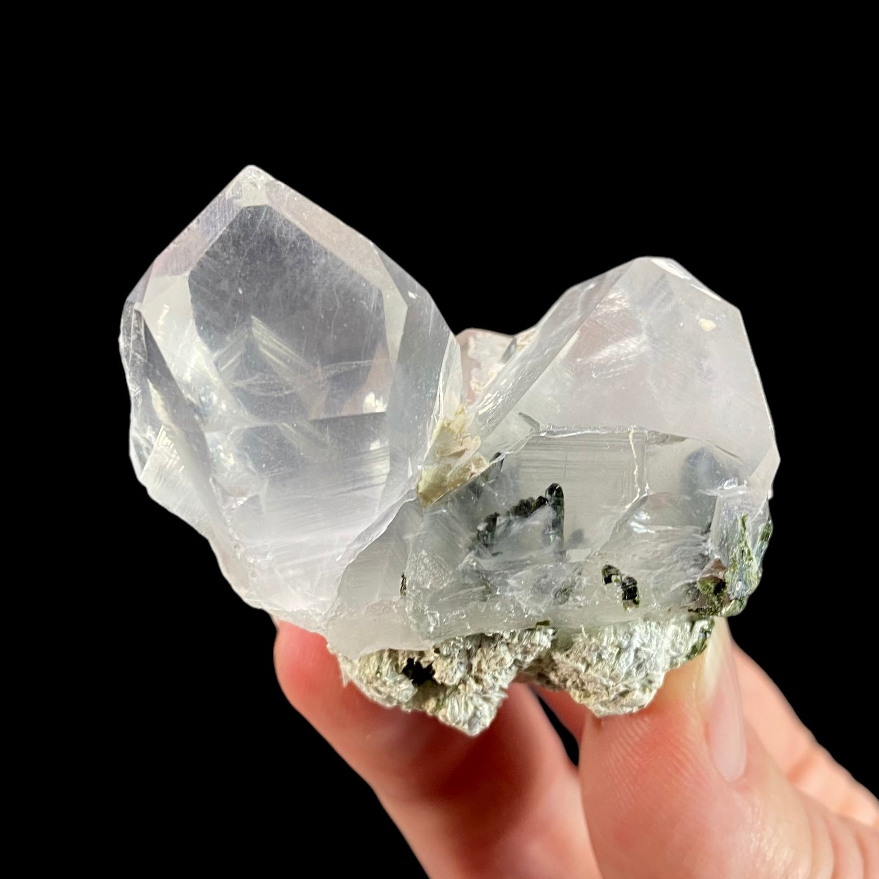 Quartz Crystal Cluster with Dark Green Epidote Crystals & Byssolite