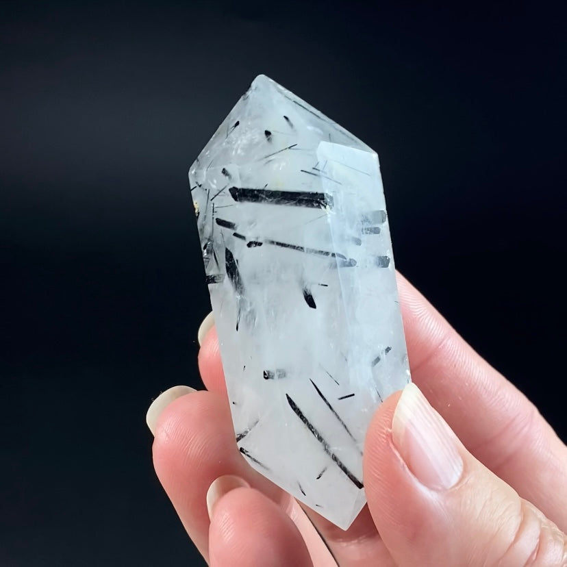 Clear Polished Double Terminated Quartz Crystal with Black Tourmaline Inclusions