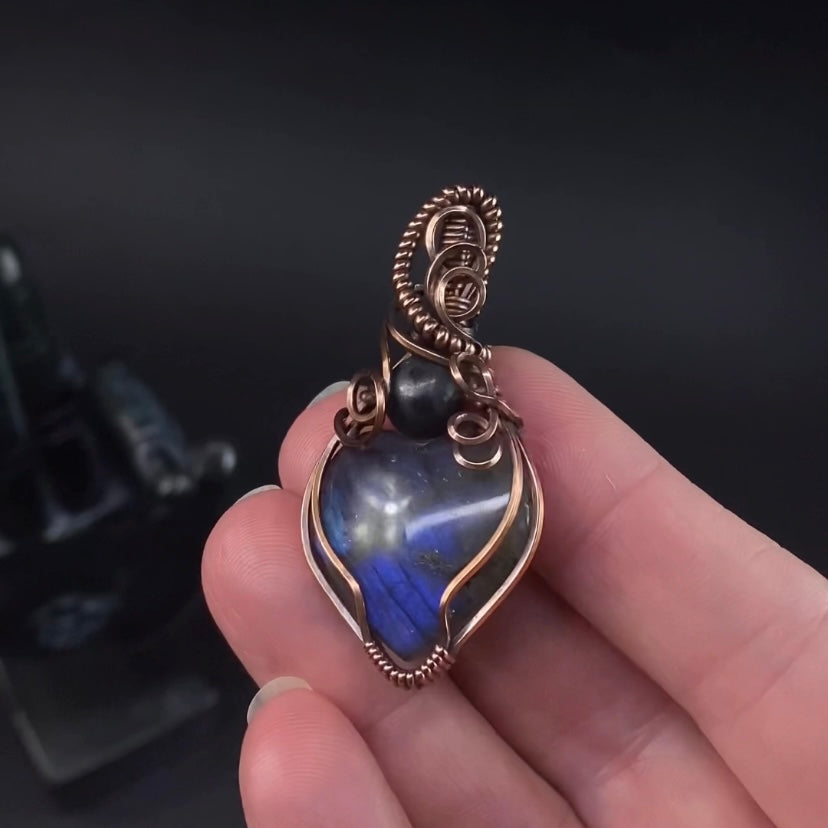 Labradorite Heart and Copper Wire Wrapped Pendant with Shungite Accent Bead