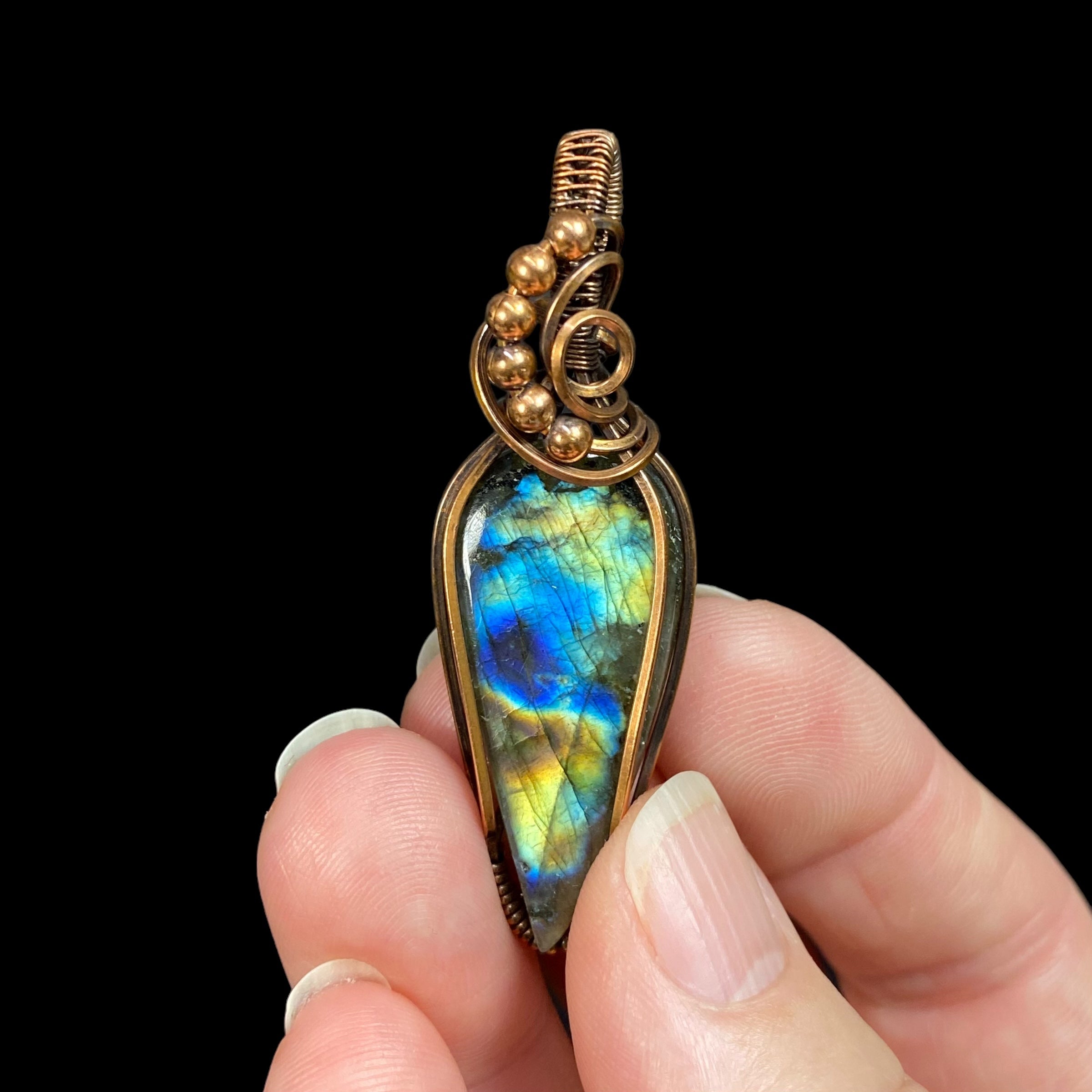 Labradorite Cabochon Wire Wrap Pendant - Oxidized Copper Wire