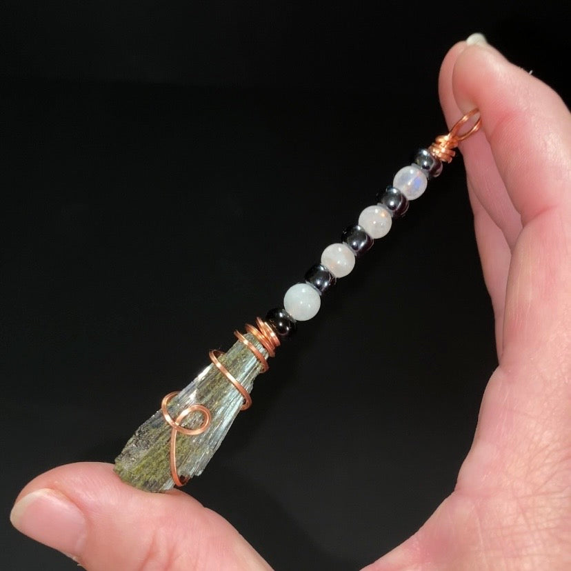 Moonstone, Hematite & Epidote Wire Wrapped Witches Broom Pendant - Ornament for Halloween